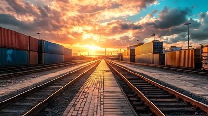 Fototapeta premium Shipping containers and railway tracks at sunset. Concept of global trade and logistics.
