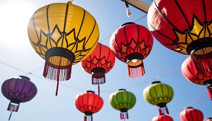 Obraz premium Colorful Asian Lanterns Hanging Against Blue Sky