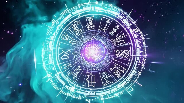 Glowing zodiac wheel rotating in a colorful nebula