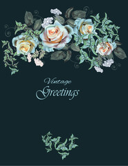 Floral card with white roses in the delicate frame of leaves