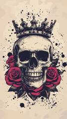 Royal Skull Illustration with Crown and Roses in Vintage Tattoo Style Vector