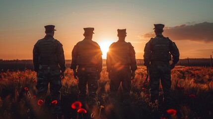 Anzac day and remembrance day tribute  soldiers commemorating among vibrant red poppies