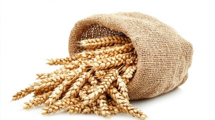Wheat stalks spilling from burlap sack.