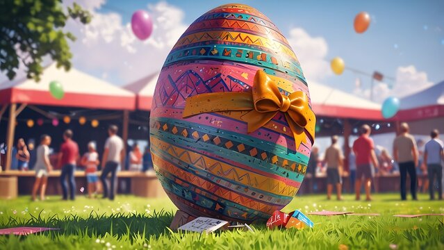 A giant Easter egg with a surprise gift inside at a festival, holiday promo poster Easter sale banner background, vibrant colors, romantic love and harmony