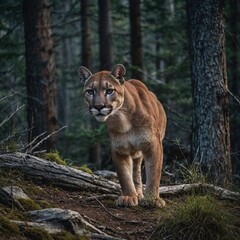 Naklejka premium A cougar stalking prey in a rugged mountain forest.