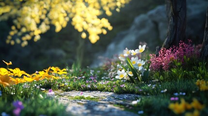 Obraz premium Sunlit spring flowers and foliage path.