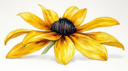Obraz premium Vibrant Watercolor Illustration of a Yellow Black-Eyed Susan Flower with Detailed Petals and Green Stem on a White Background