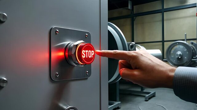 Finger Pressing a Red Stop Button in an Industrial Control Room with Machinery in the Background

