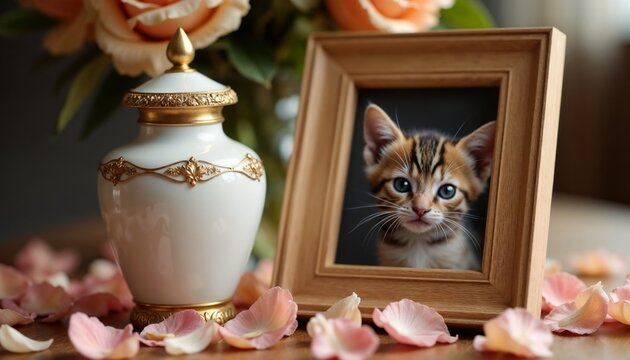 Memorial photo frame with a kitten’s picture and white urn with gold accents.2. Tenderness.Final farewell.Pet memorial, photo tribute, sympathy card, remembrance poster, condolence, mourning, heartf

