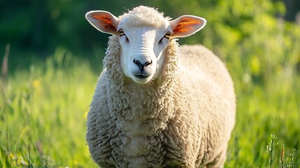 Fototapeta premium Sheep in a green pasture. Concept of farm animals and rural life.
