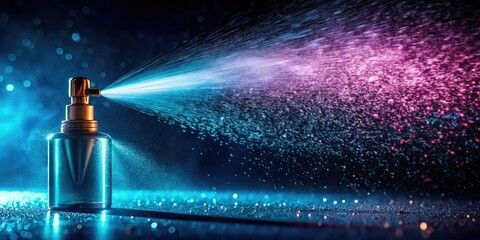 Glowing pharmaceutical spray bottle, isolated on dark background, showcases advanced drug delivery.