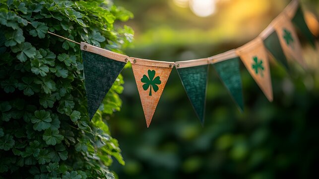 Close-up of Irish flags and green bunting decorating a St. Patricks Day outdoor event