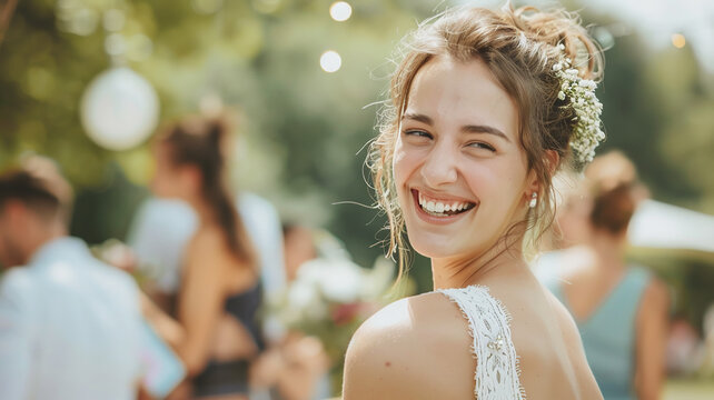 Happy smiling bride on blurred green background