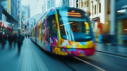 Obraz premium Colorful streetcar speeding through city street with blurred pedestrians.