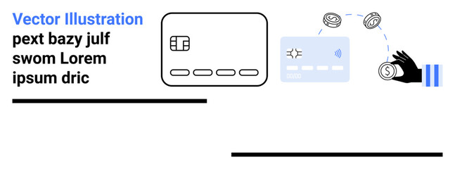 Credit card icon, digital card, coins, and a hand indicating online payment and transaction process. Ideal for finance, e-commerce, banking, fintech, digital wallets payment gateways mobile