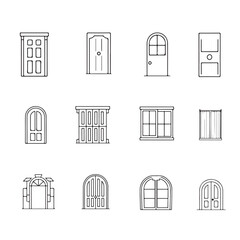 "Set of 30 Minimalist Outline Icons of Various Door Types: Wooden, Sliding, Double-Panel, Arched Cathedral, with Detailed Knobs, Hinges & Keyholes &ndash; Scalable Editable Stroke Design"