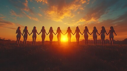 Diverse group of women holding hands in unity against a bright sunrise backdrop celebrating empowerment