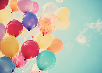 Colorful balloons done with a retro instagram filter effect. Concept of happy birth day in summer and wedding, honeymoon party use for background. Vintage color tone style