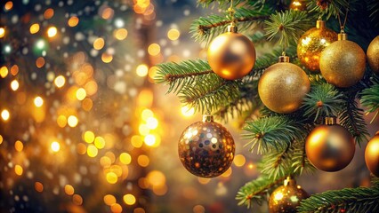 Golden bokeh illuminates vintage Christmas ornaments; sparkling festive background, closeup detail.