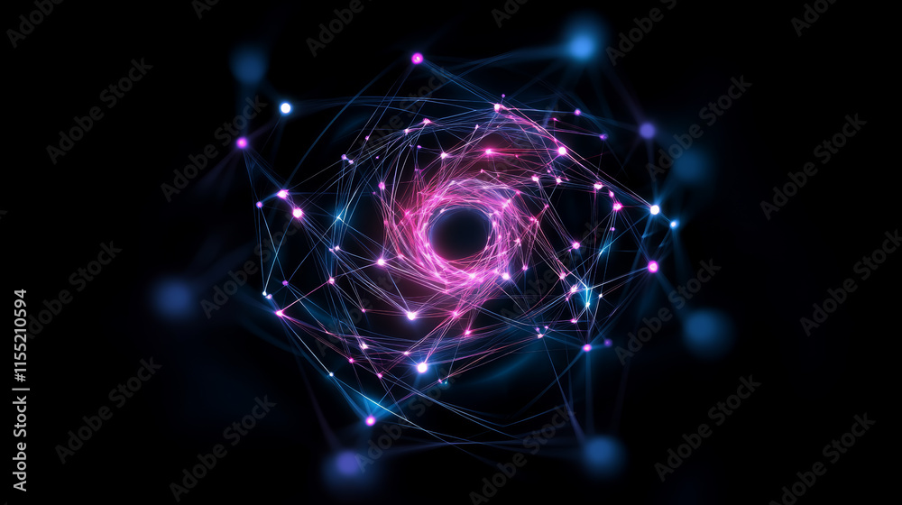 Poster colorful abstract design with glowing nodes and swirling patterns in a dark backdrop