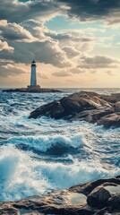 Fototapeta premium Landscape with a lighthouse and a raging sea. Picturesque picture, screensaver on the phone screen
