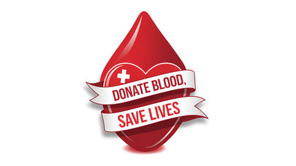 A bright red drop of blood with the words "Donate blood, save lives" written on the ribbon