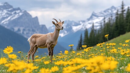 Obraz premium Mountain goat in a field of wildflowers, majestic scenery.