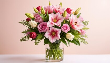 Obraz premium Beautiful mixed flower bouquet featuring pink lilies and roses in a glass vase