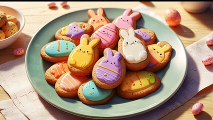 A plate of cookies shaped like Easter eggs and bunnies, holiday promo poster Easter sale banner background, vibrant colors, romantic love and harmony