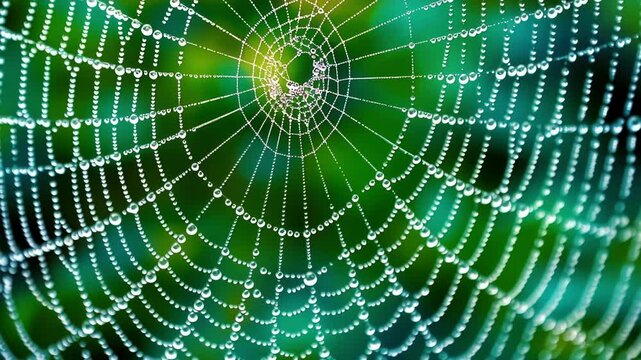 A macro photograph of a spider web with intricate overlapping threads symbolizing the interconnectedness of gluon wind.