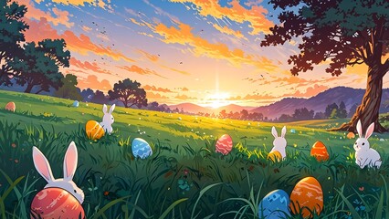 A sunrise over a meadow with bunnies hopping and Easter eggs scattered, holiday promo poster Easter sale banner background, vibrant colors, romantic love and harmony