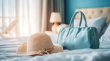 handbag and summer hat packing ready to travel vacation on bed at hotel