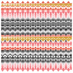 Abstract zigzag line colorful waves seamless print pattern, Abstract wavy pattern in shades of red, black, and yellow with circular elements on the edges.