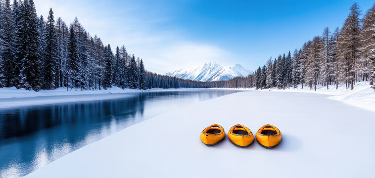 serene winter lake with three yellow kayaks on snow, surrounded by frosted pine trees and majestic mountains