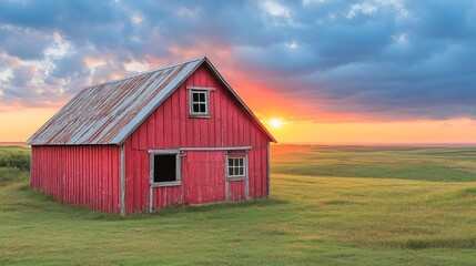 Obraz premium A red barn stands in a grassy field under a colorful sunset sky.