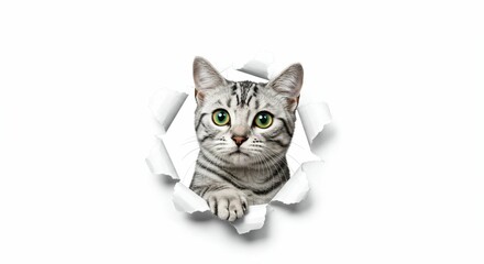 Adorable American Shorthair Cat Emerging Through Torn Paper on White Background