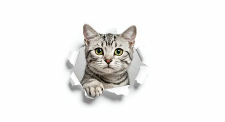 Obraz premium Adorable American Shorthair Cat Emerging Through Torn Paper on White Background
