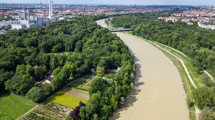 Summer River Isar in Munich Flood View from above. Current and lots of water City and forest Aerial...