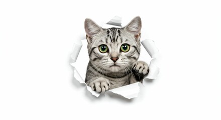 Adorable American Shorthair Cat Emerging Through Torn Paper on White Background