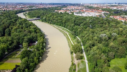Summer River Isar in Munich Flood View from above. Current and lots of water City and forest Aerial...