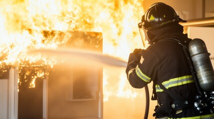 A firefighter is in the middle of a burning building. The fire is intense and the firefighter is wearing a full protective suit
