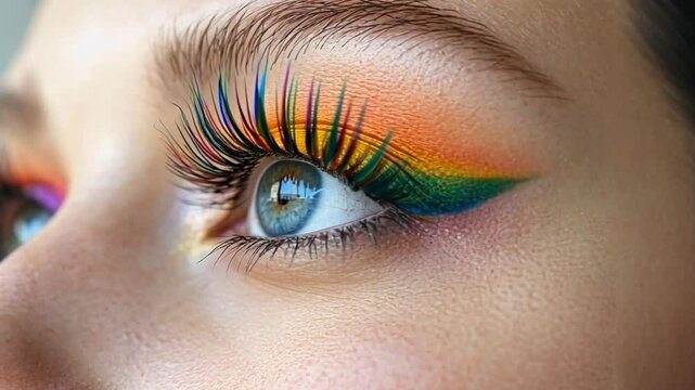 Woman showing colorful eye makeup and rainbow eyelashes