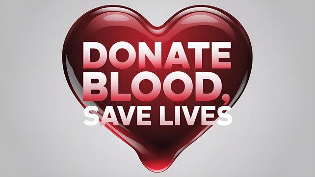 The phrase "Donate blood, save lives" is placed in a shiny red heart-shaped drop.