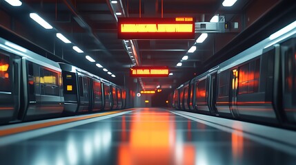 Empty futuristic subway station with trains and orange lights.