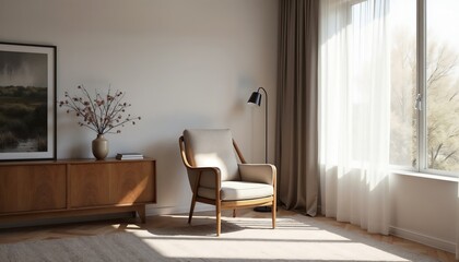 Cozy living room with modern furniture featuring a light-upholstered armchair, wooden armrests, a floor lamp, wooden dresser with a vase and dried branches, and artwork on the wall, offering a relaxed