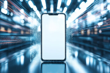 Blurred motion of smartphone in high-tech digital environment showcasing technology advancement and connectivity