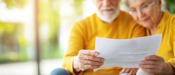 Elderly couple reading important document together, expressing joy and connection