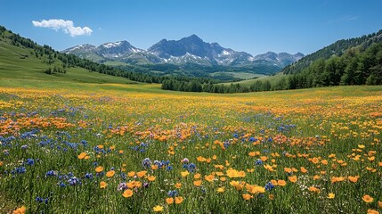 Fototapeta premium Early morning meadow blanketed with wildflowers under a clear blue sky