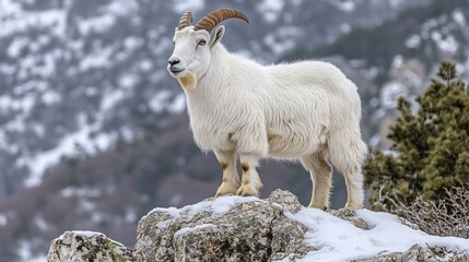 Fototapeta premium Mountain goat on snowy rocky outcrop, majestic, alert posture, winter scene.