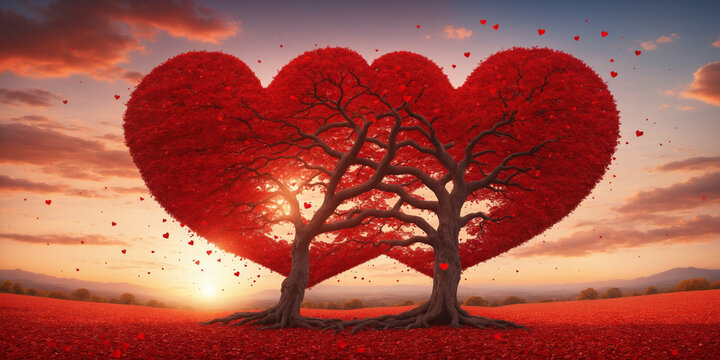 Tree of love. Red heart shaped tree at sunset. Beautiful landscape with red tree and falling leaves.Love background